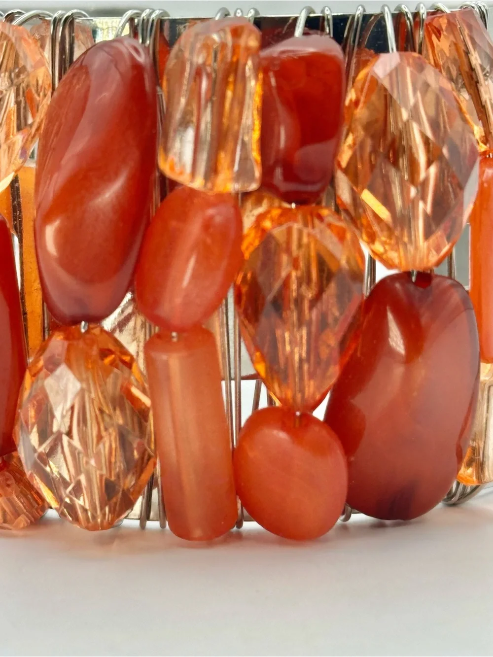 Vintage Carnelian Nugget & Amber Toned Resin Stone Silvertone Cuff